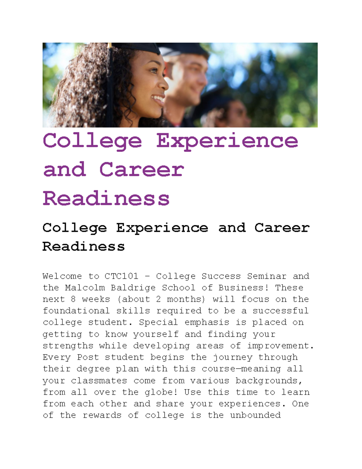 CTC101: Enhancing College Experience & Career Readiness - Studocu