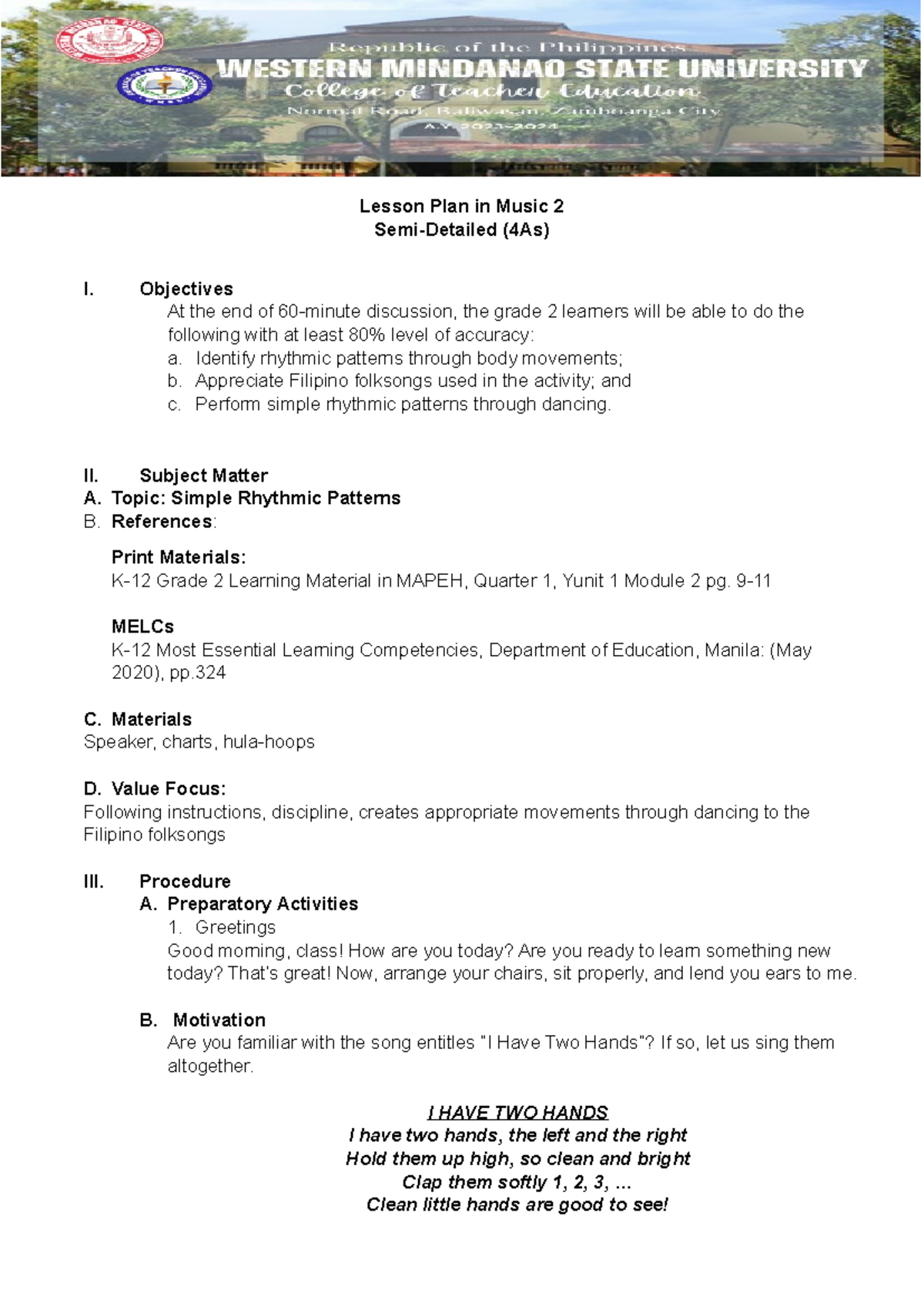 Grade 2 MAPEH Lesson Plan: Simple Rhythmic Patterns Activities - Studocu