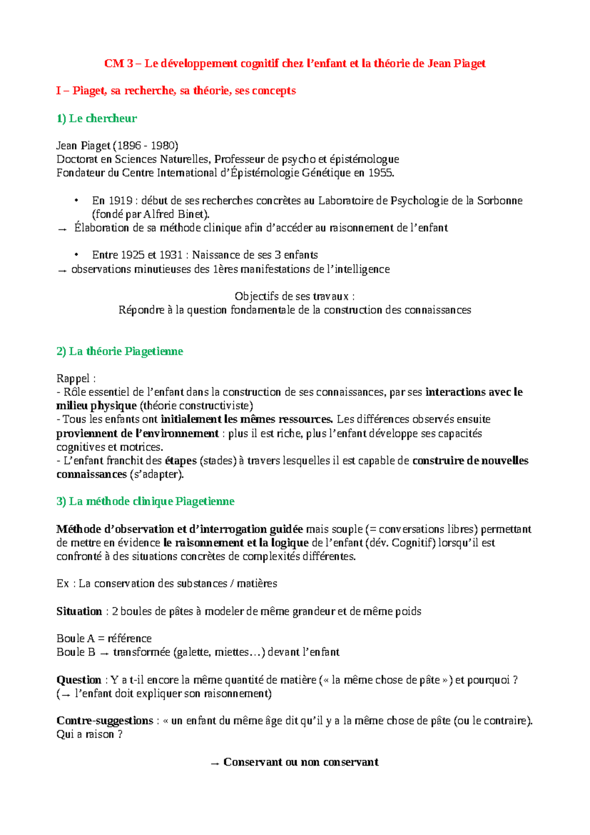 CM 3 - Développement Cognitif de l'Enfant selon Piaget - Studocu