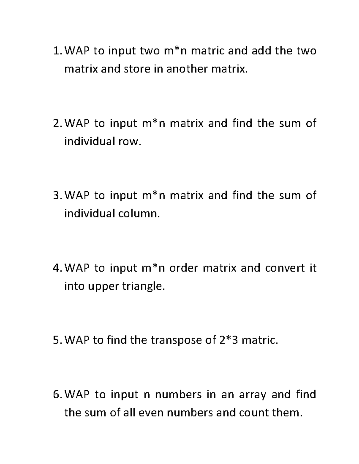 Lab Exam Questions for Programming: Matrix & Array Operations - Studocu
