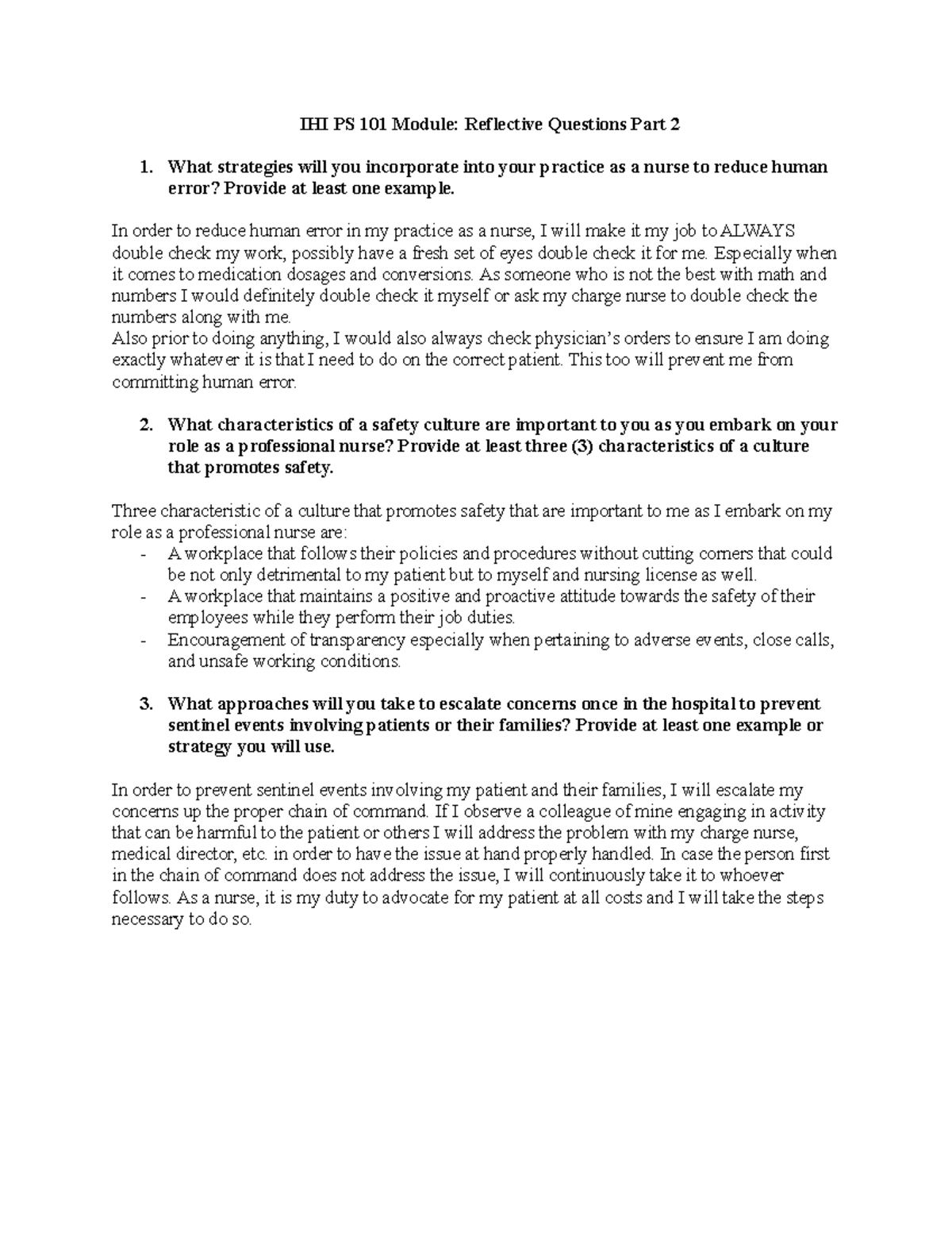 IHI PS 101 Module - coursework - IHI PS 101 Module: Reflective ...