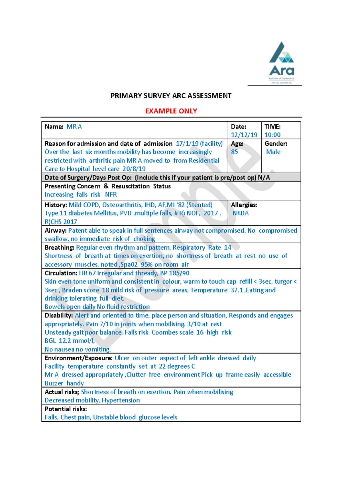 ARC 101: Primary Survey Assessment Example for MR A - Studocu