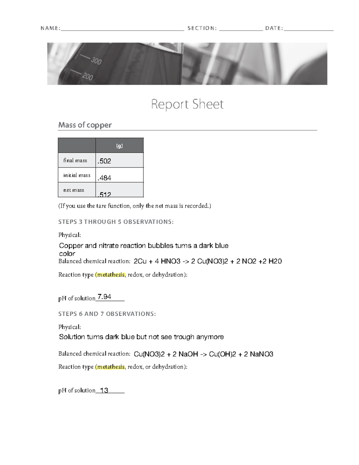 Reactions of Copper Lab Report - Answer Key (CHEM 101) - Studocu