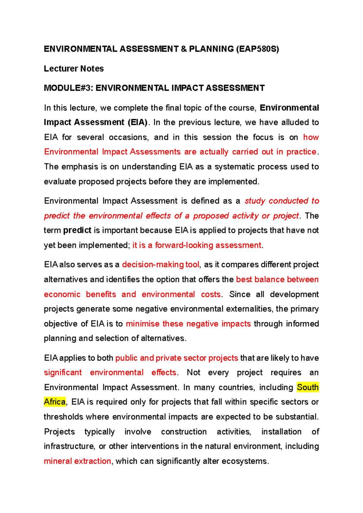 EAP580S Final Lecture Notes on Environmental Impact Assessment - Studocu