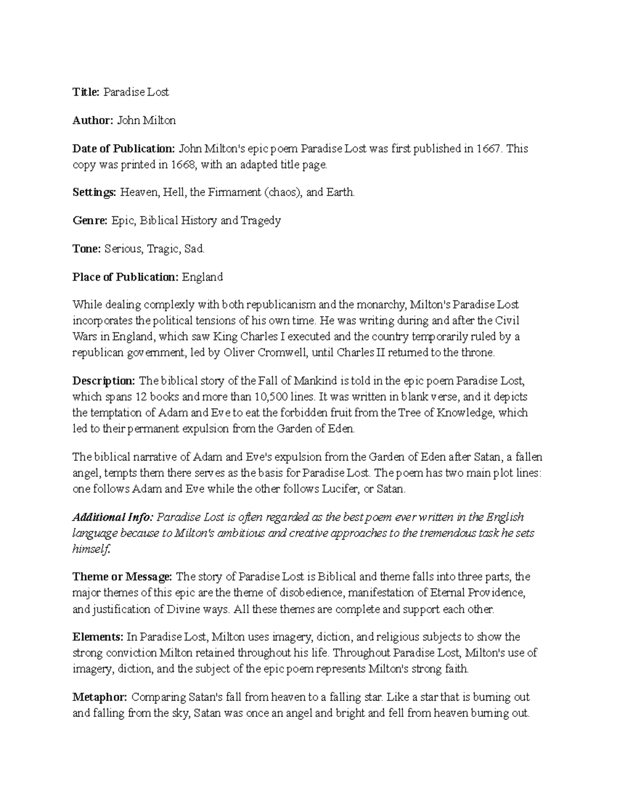 Paradise Lost - Summary Accountancy, Business, and Management - Title ...