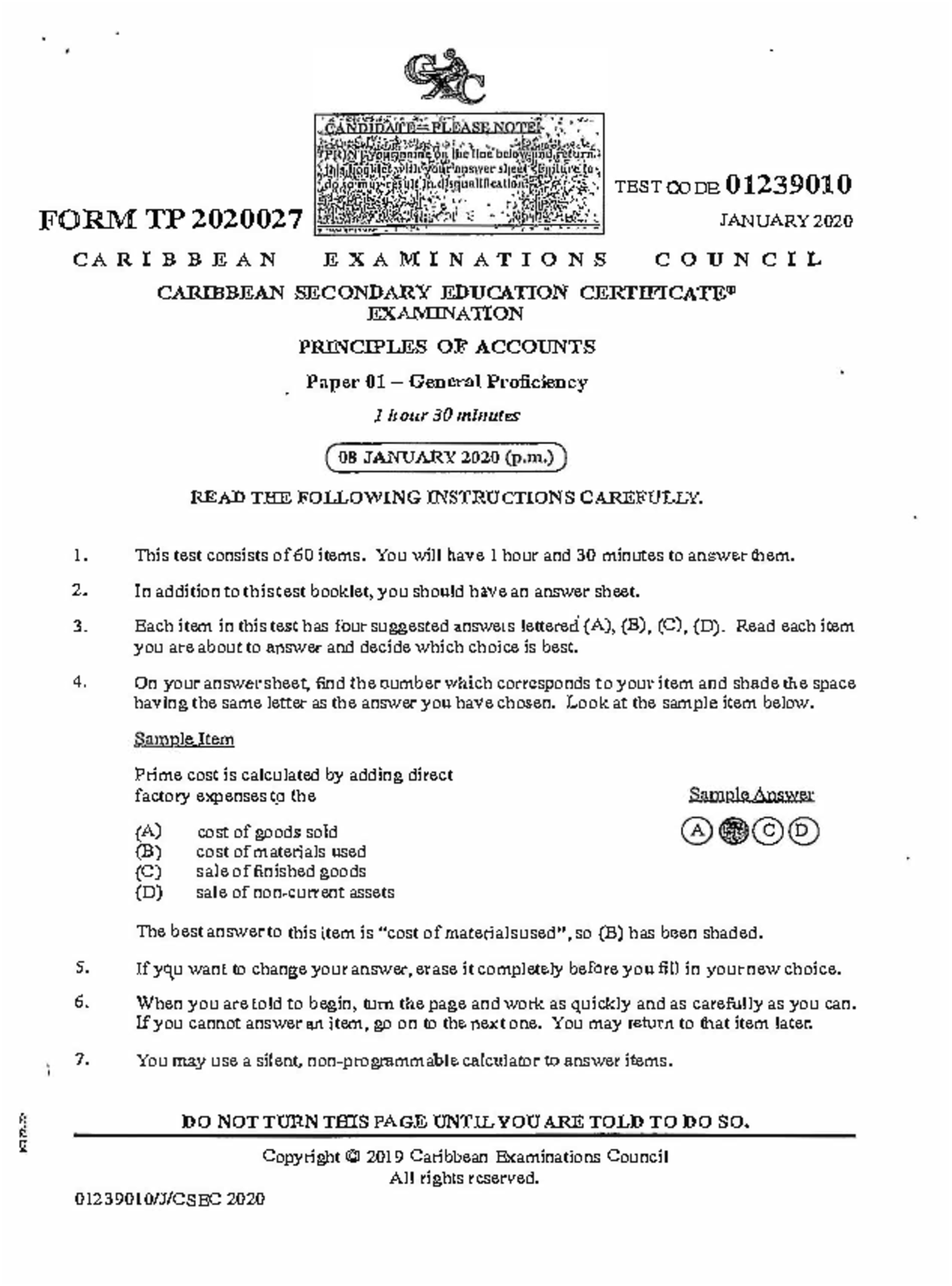 Jan 2020 CSEC P1 Principles of Accounts Past Paper Exam - Studocu