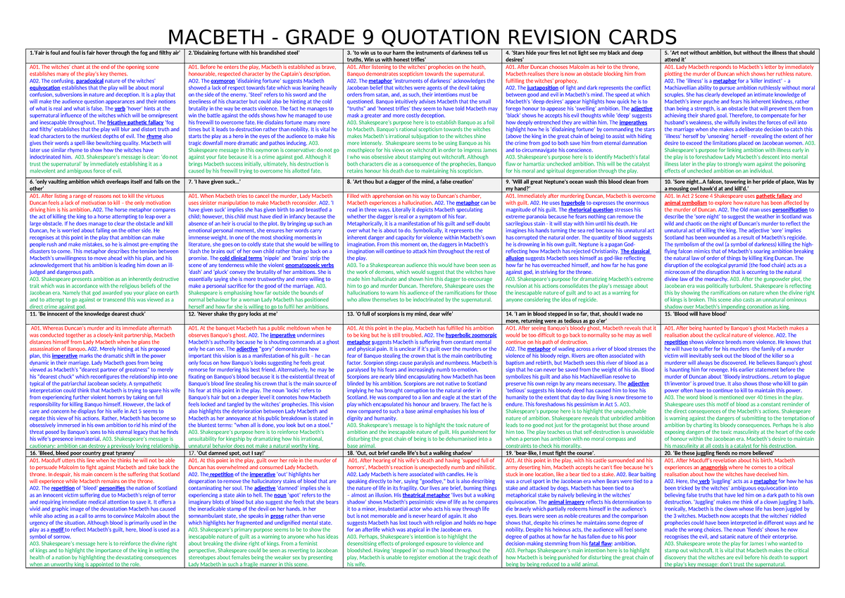 Macbeth Grade 9 Quotation Analysis Revision Cards - Studocu