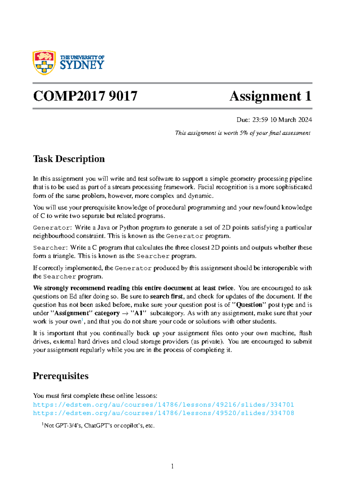 COMP2017 9017 Assignment 1 - Geometry Processing Pipeline Tasks - Studocu