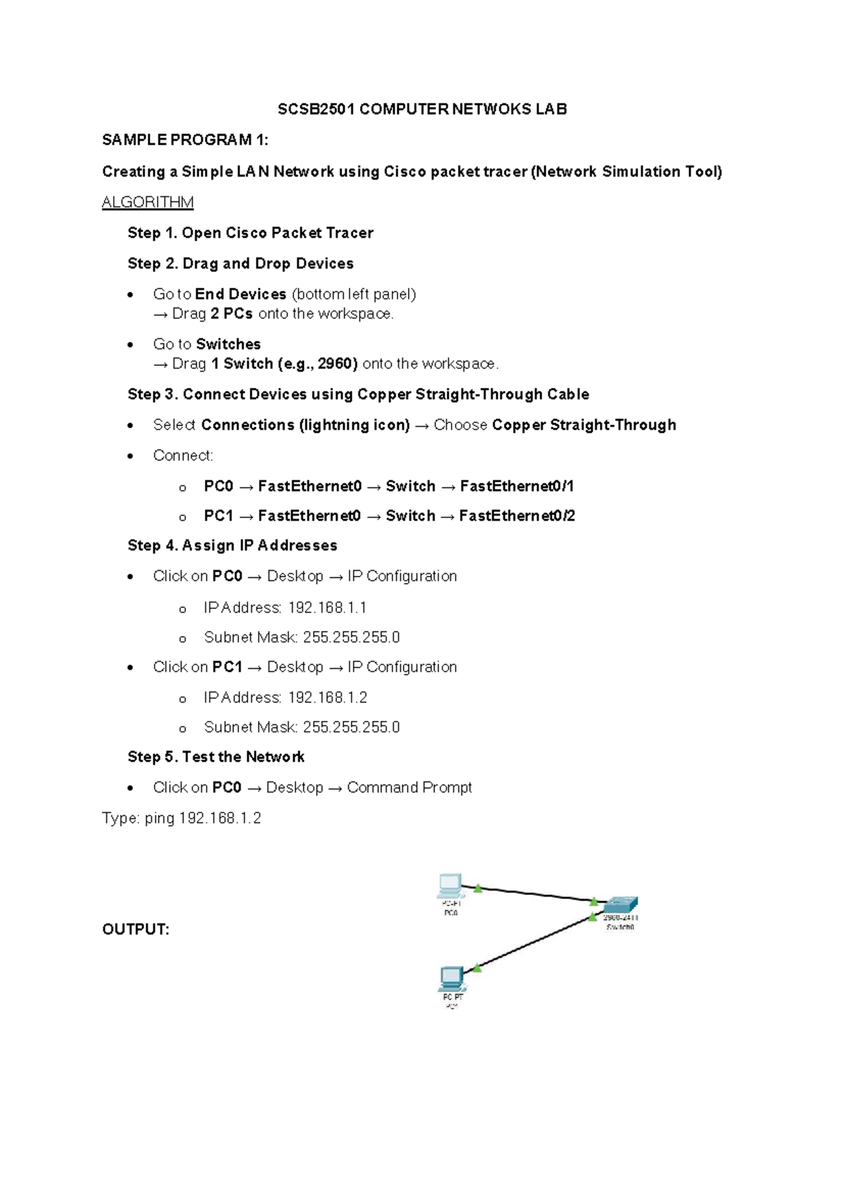 SCSB2501 COMPUTER NETWORKS LAB: Simple LAN Setup with Cisco - Studocu