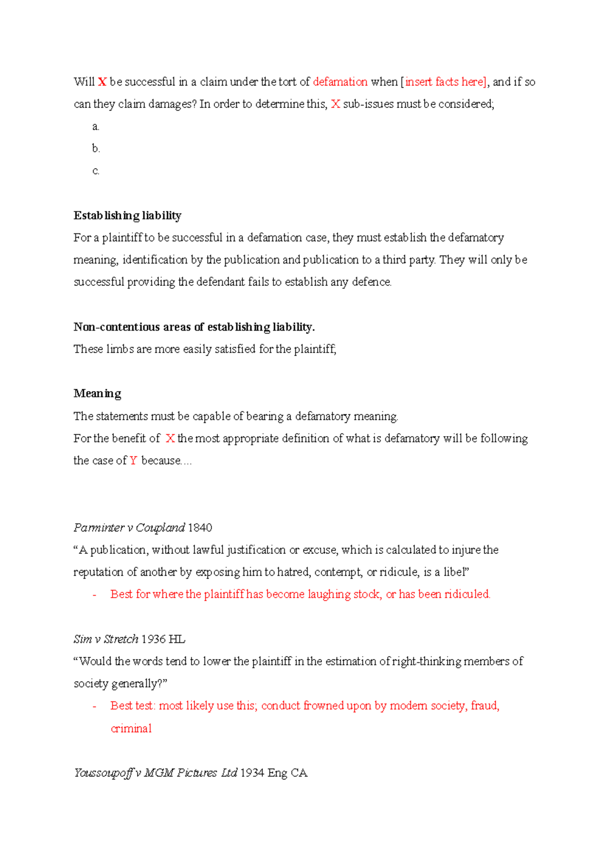 Defamation Frame - Will X be successful in a claim under the tort of ...