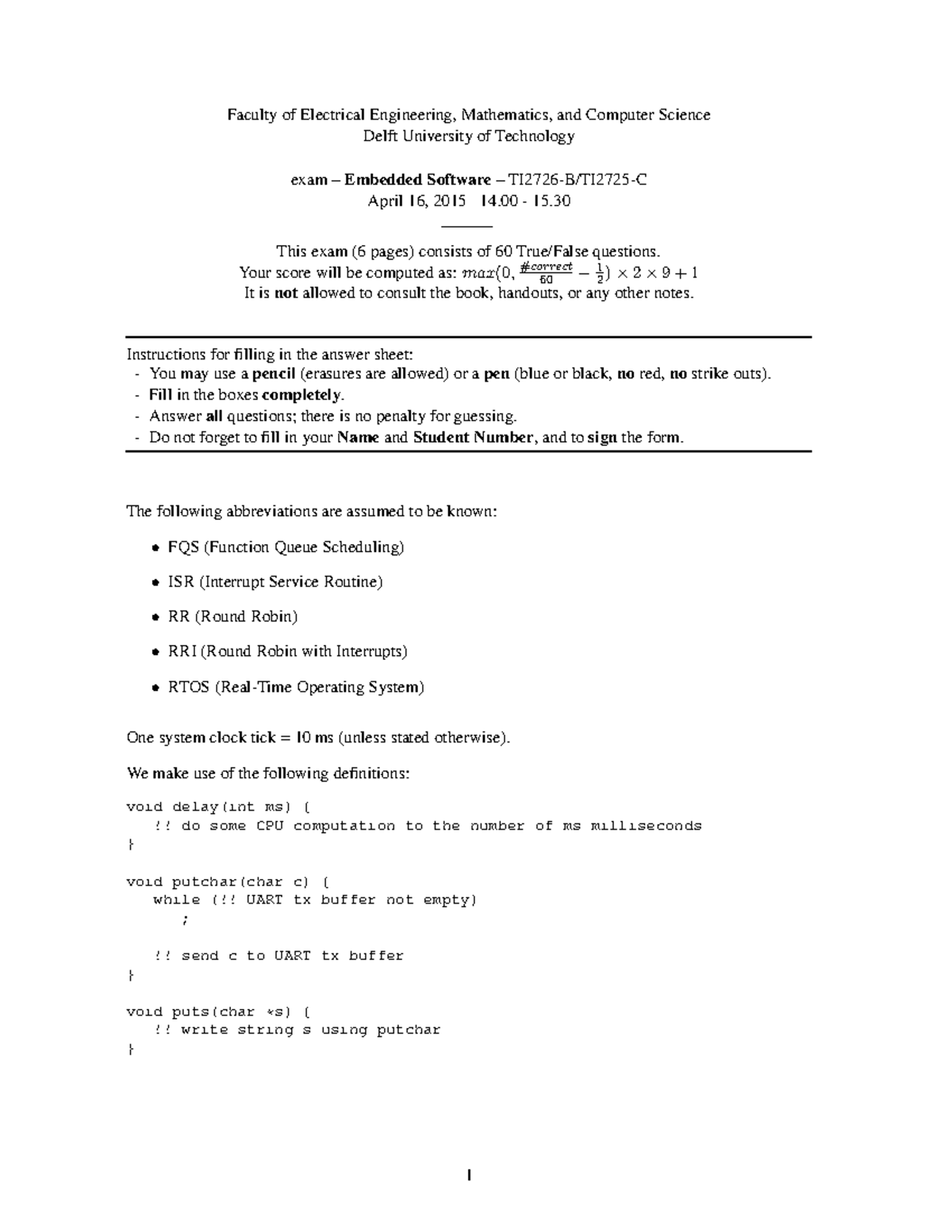 Exam TI2726-B/TI2725-C Embedded Software Questions April 2015 - Studeersnel