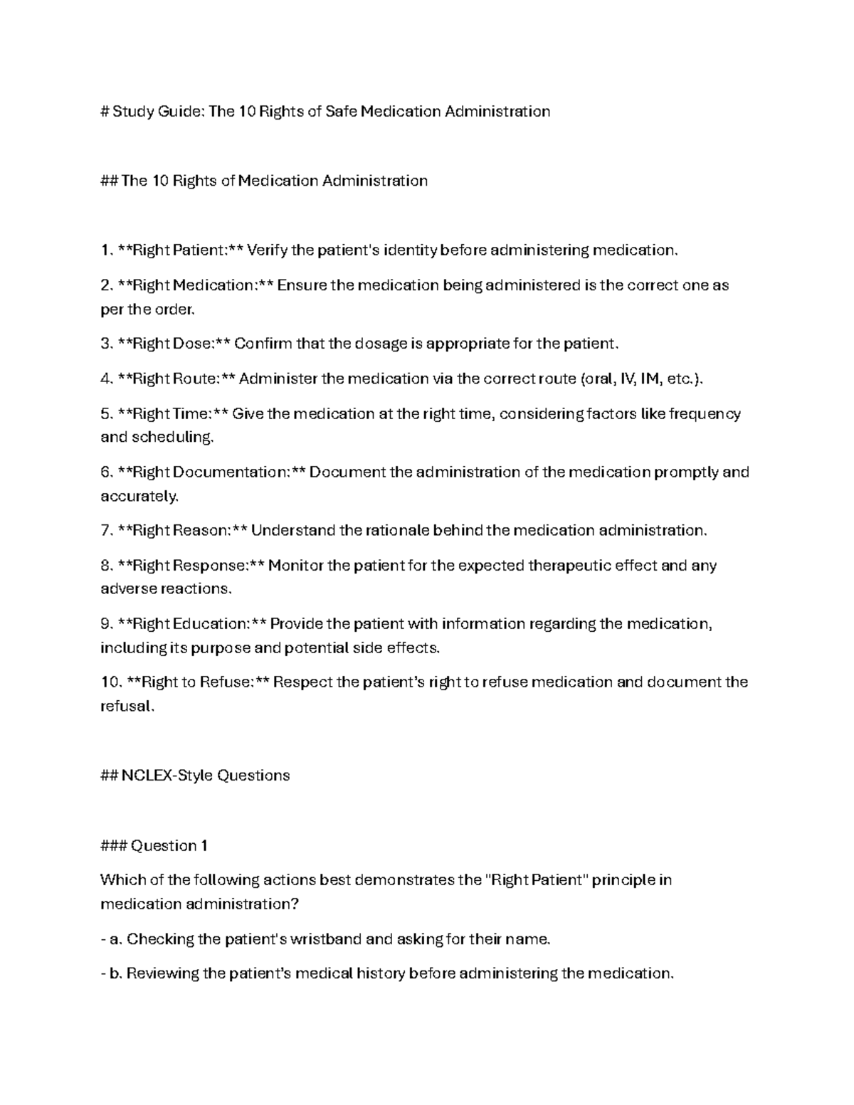 Study Guide: 10 Rights of Safe Medication Admin. (NURS 101) - Studocu