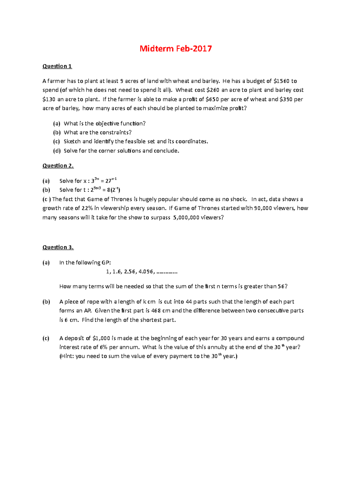 MIDTERM February 2017, questions and answers - Midterm Question 1 A ...