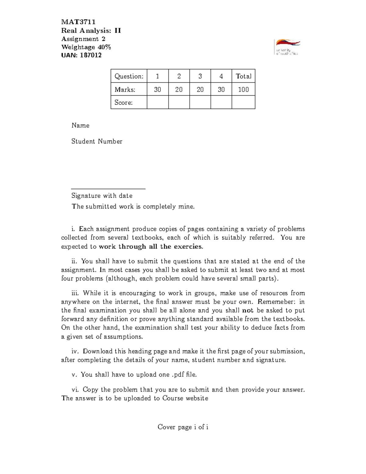 MAT3711 Real Analysis II Assignment 2 Problems and Solutions - Studocu