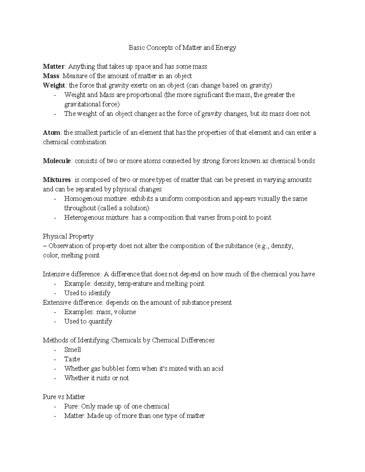 CHEM 101 Module 1: Basic Concepts of Matter & Energy Notes - Studocu