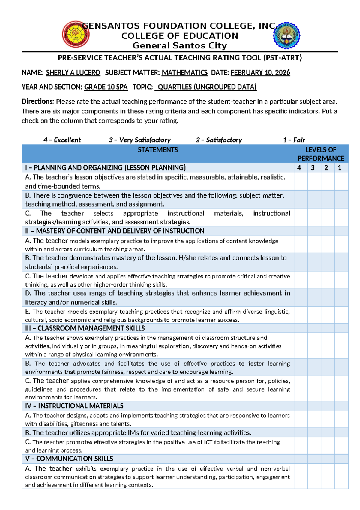 Rating Tool for Practice Teachers: Mathematics (Grade 10 SPA) - Studocu