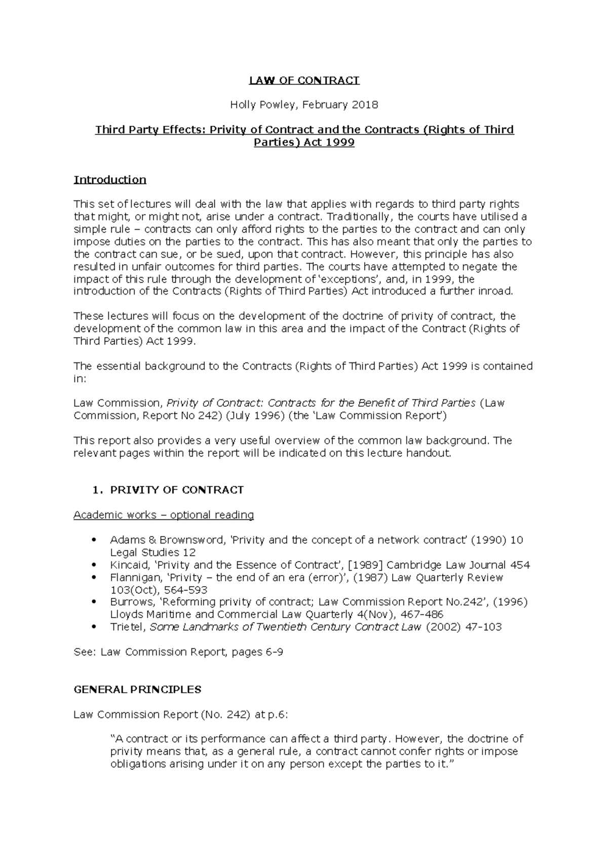 Third Party Rights Lecture Handout 2017-18 - LAW OF CONTRACT Holly ...