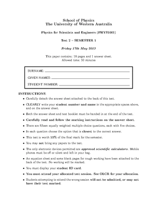 PHYS1001 Final Exam Questions & Solutions Semester 1 2023 - Studocu