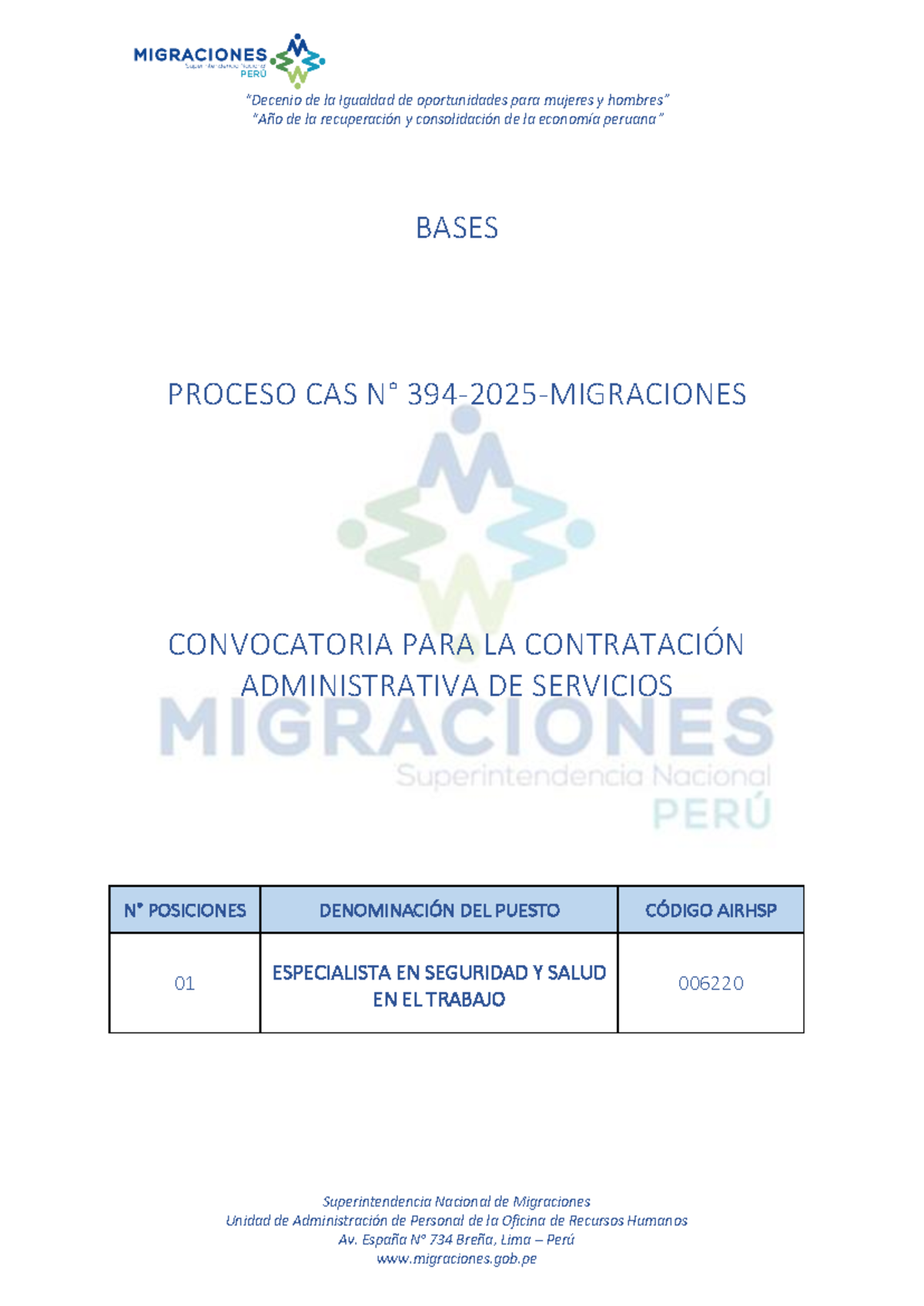 Bases CAS 394-2025: Convocatoria para Especialista en Seguridad y Salud ...