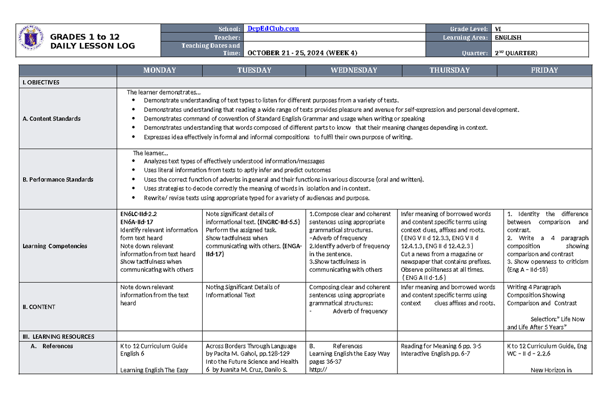 DLL English 6 Q2 W4 - BHJJ - GRADES 1 to 12 DAILY LESSON LOG School ...