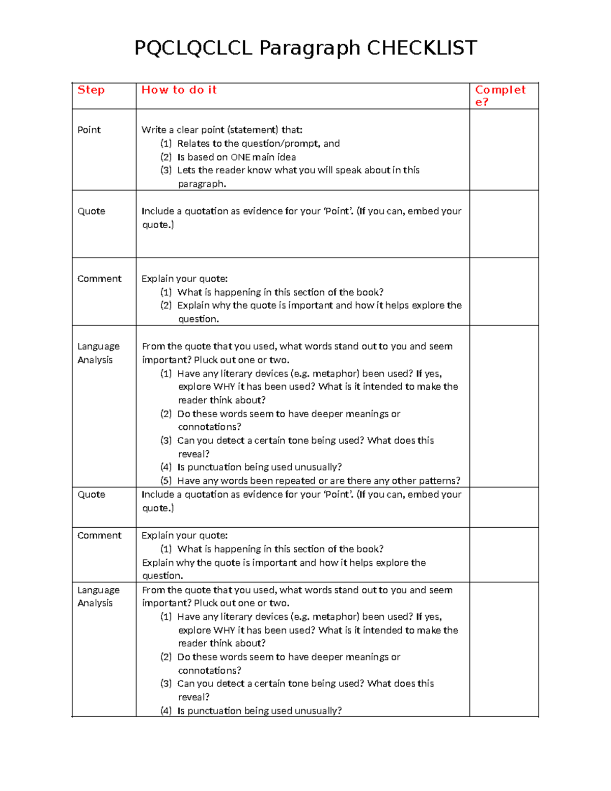 PQCLQCLCL Paragraph Writing Checklist for Analysis - Studocu