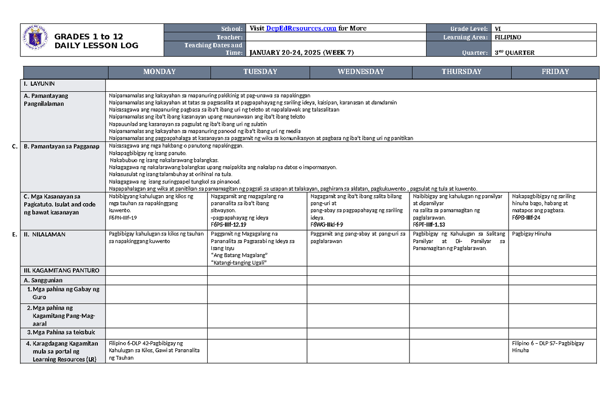 DLL Filipino 6 Q3 W7 - DAILY LESSON LOG - GRADES 1 to 12 DAILY LESSON ...