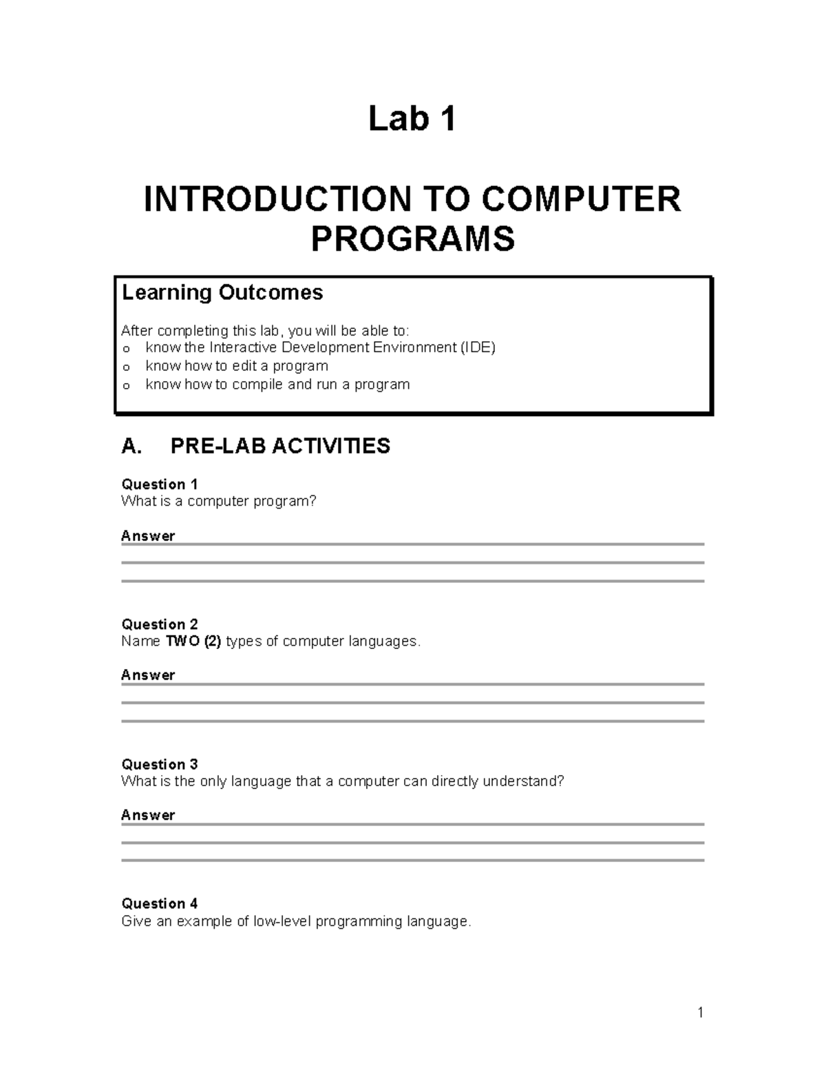 Lab 1 - Intro to Computer Programs (COMP101) - Studocu