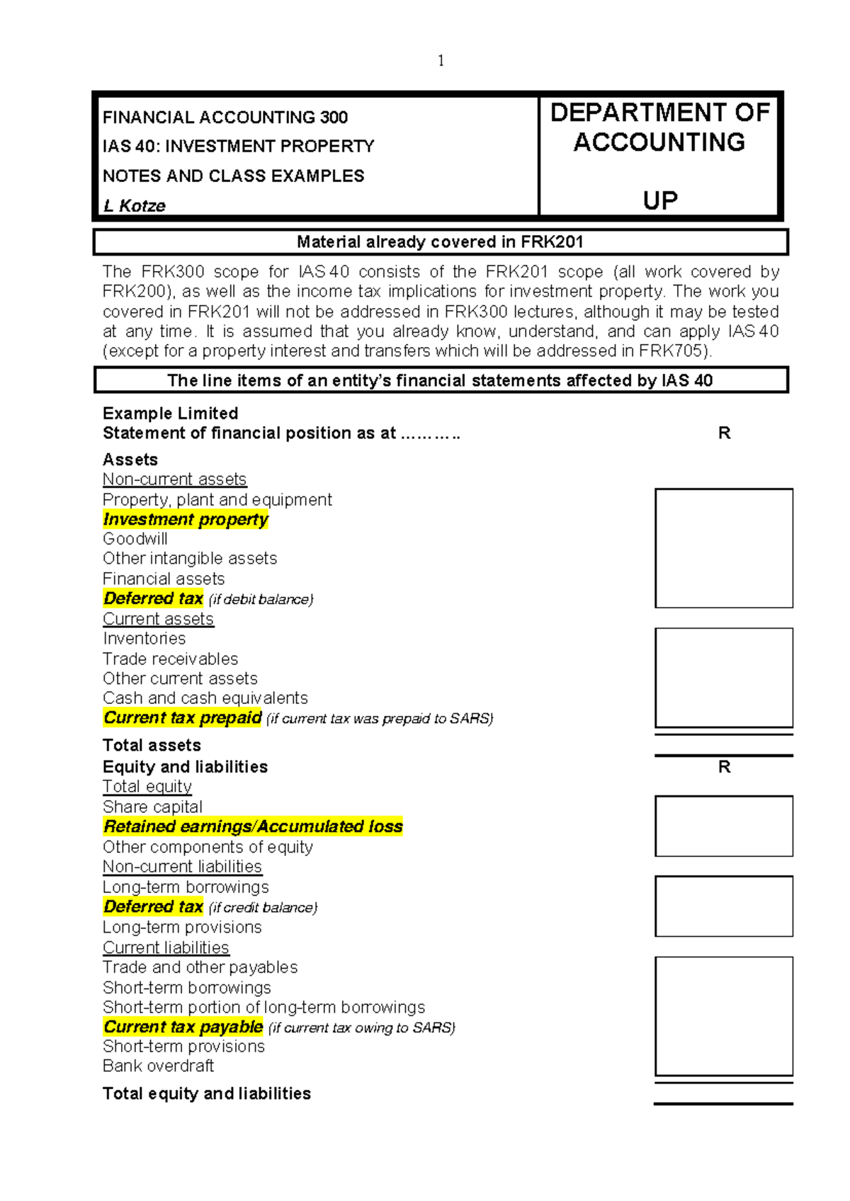 FRK300 IAS 40 Investment Property: Notes & Class Examples - Document Preview