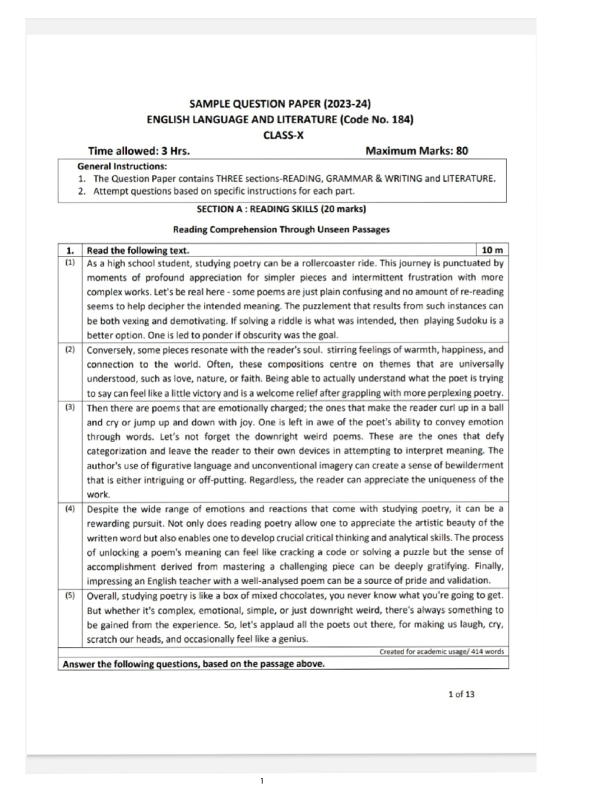 CBSC Class 10 Sample Questions for Examination Preparation - Studocu