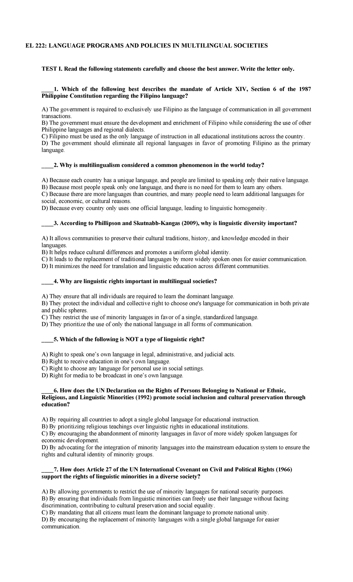 EL 222 - Language Programs & Policies in Multilingual Societies Test I ...