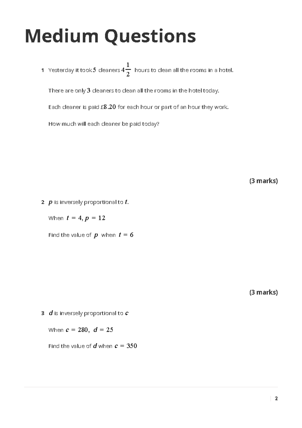 Worksheet-Direct and inverse proportion - Medium Questions 1 Yesterday ...