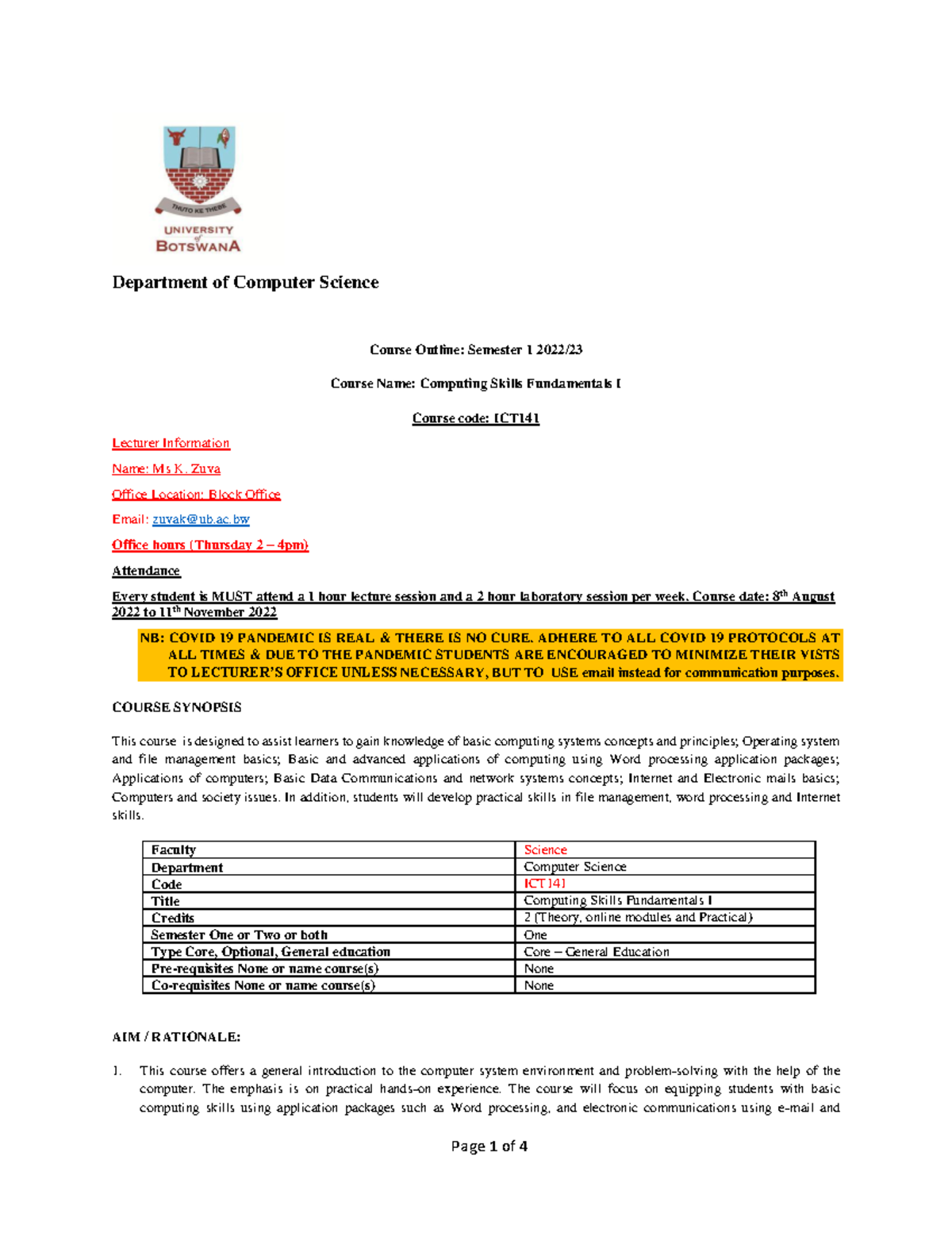 ICT141 Computing Skills Fundamentals I Course Outline 2022-23 Semester ...