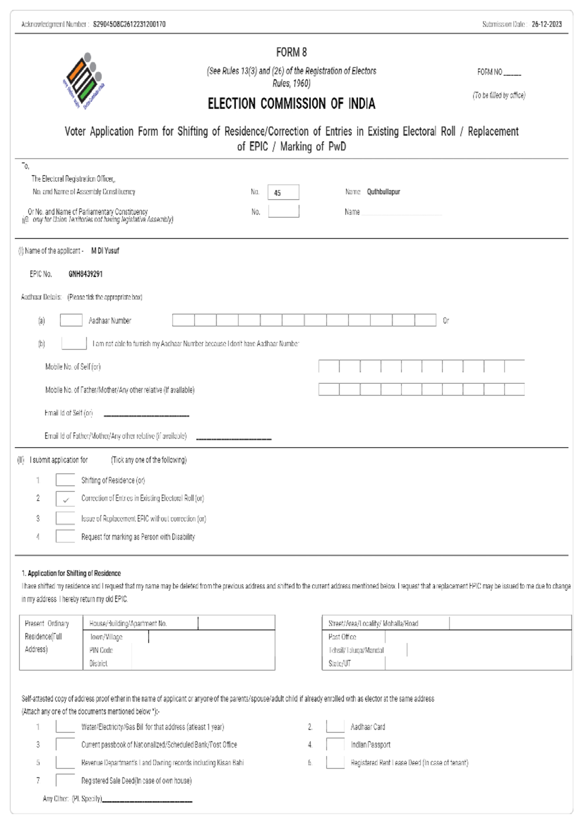 Voter Application Form 8 for Shifting of Residence ...