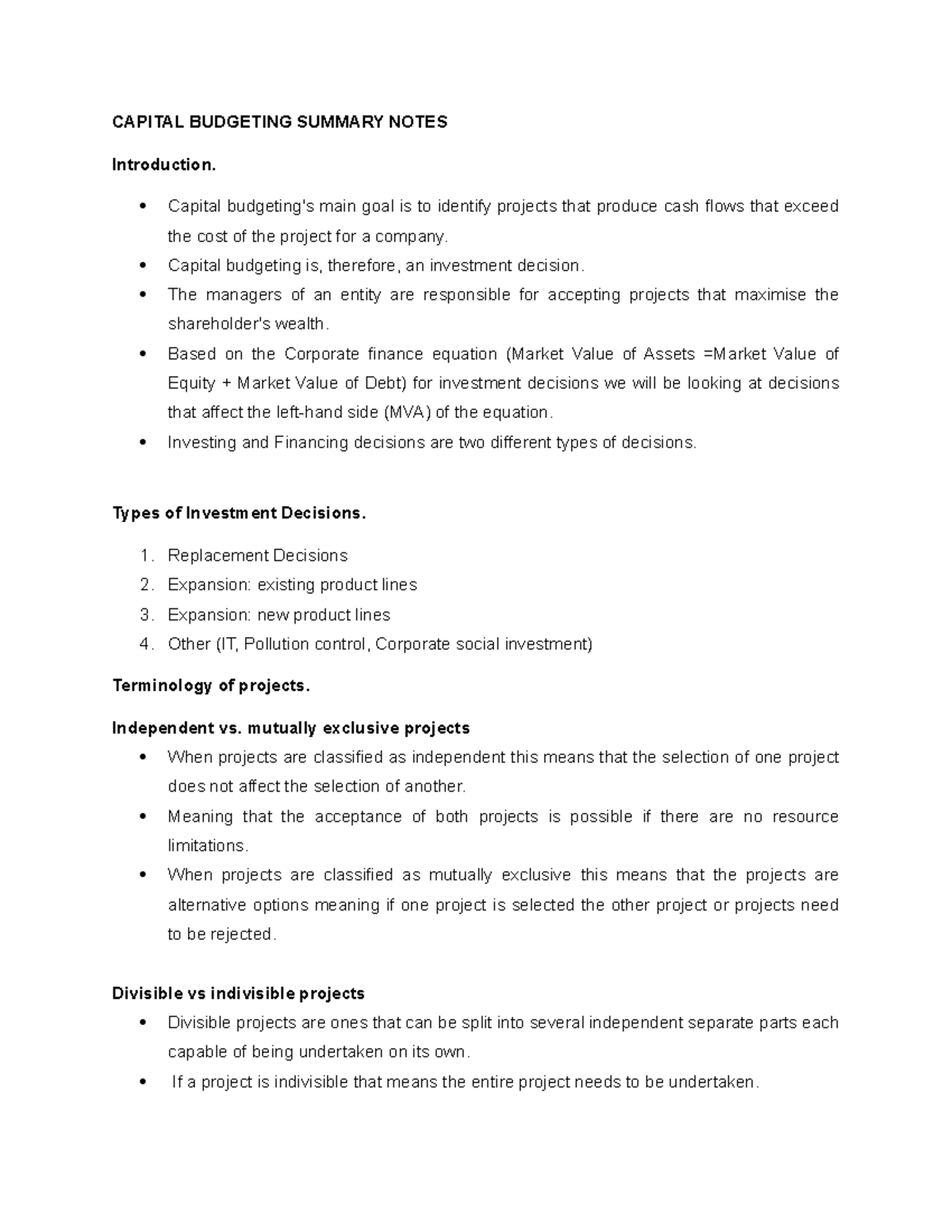 Capital Budgeting Summary Notes for Finance Course 101 - Studocu