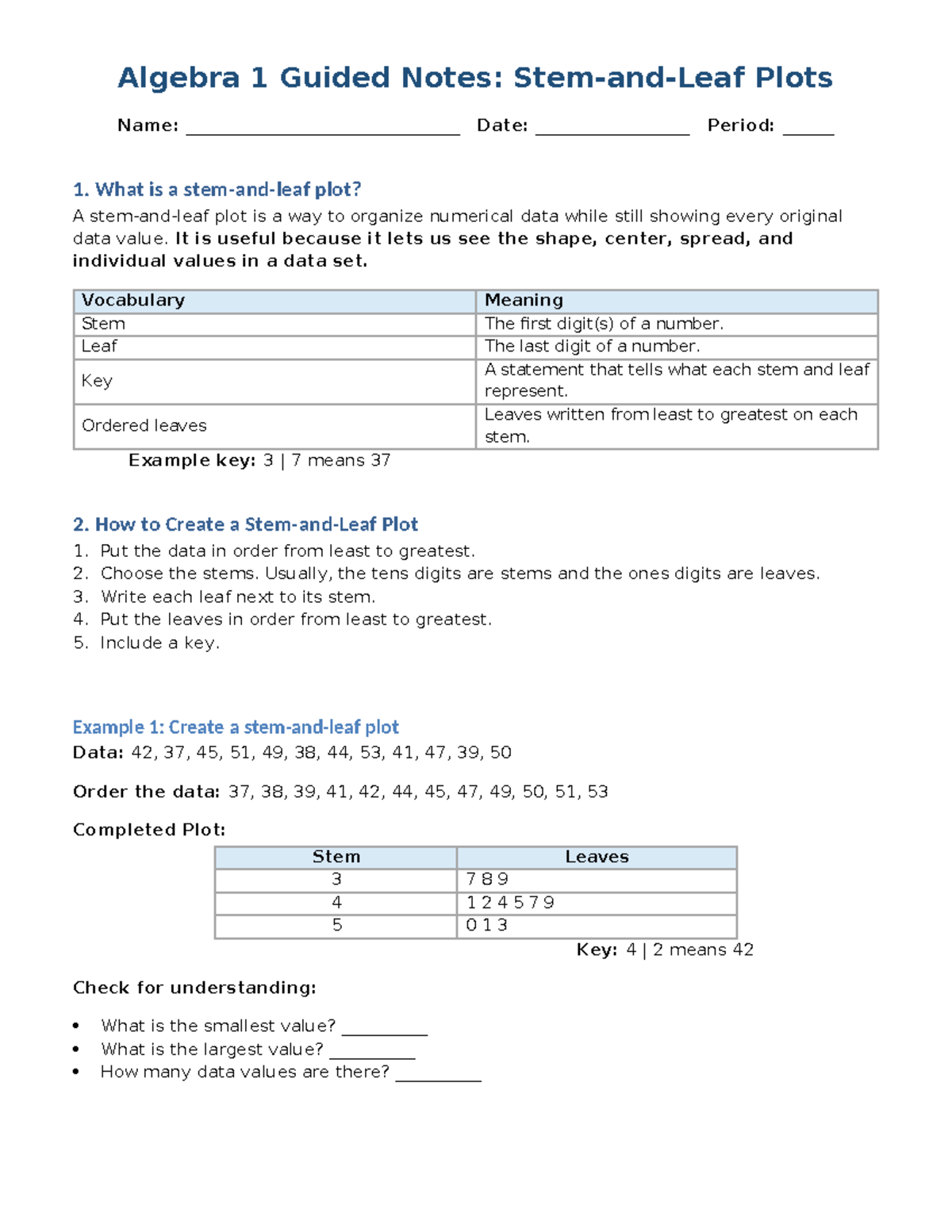 Algebra 1 Guided Notes: Understanding Stem and Leaf Plots - Studocu