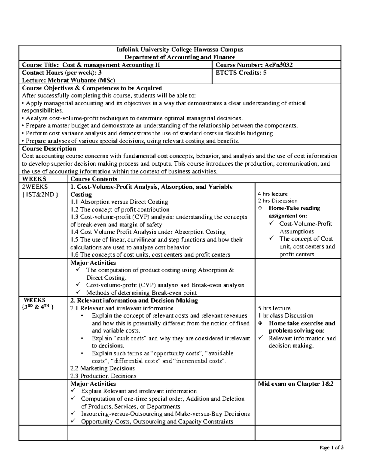 Cost Management Accounting II (AcFn3032) Course Outline 2018-2026 - Studocu