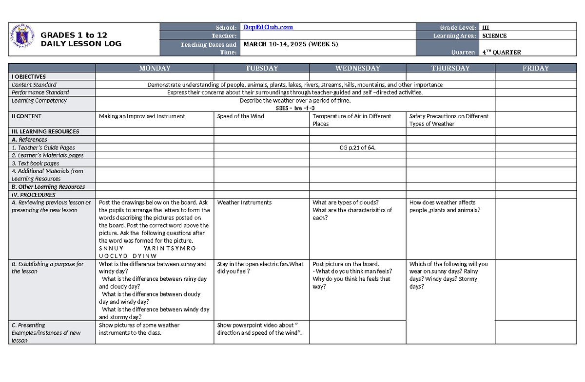 DLL Science 3 Q4 W5 - GRADES 1 to 12 DAILY LESSON LOG School: DepEdClub ...