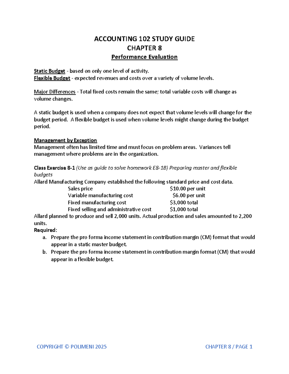 ACCOUNTING 102 CHAPTER 8 STUDY GUIDE: Performance Evaluation & Budgets ...