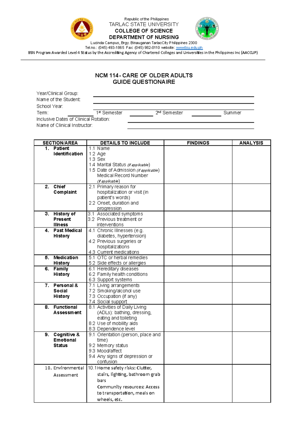 NCM 114 Care of Older Adults: Comprehensive Assessment Guide - Studocu