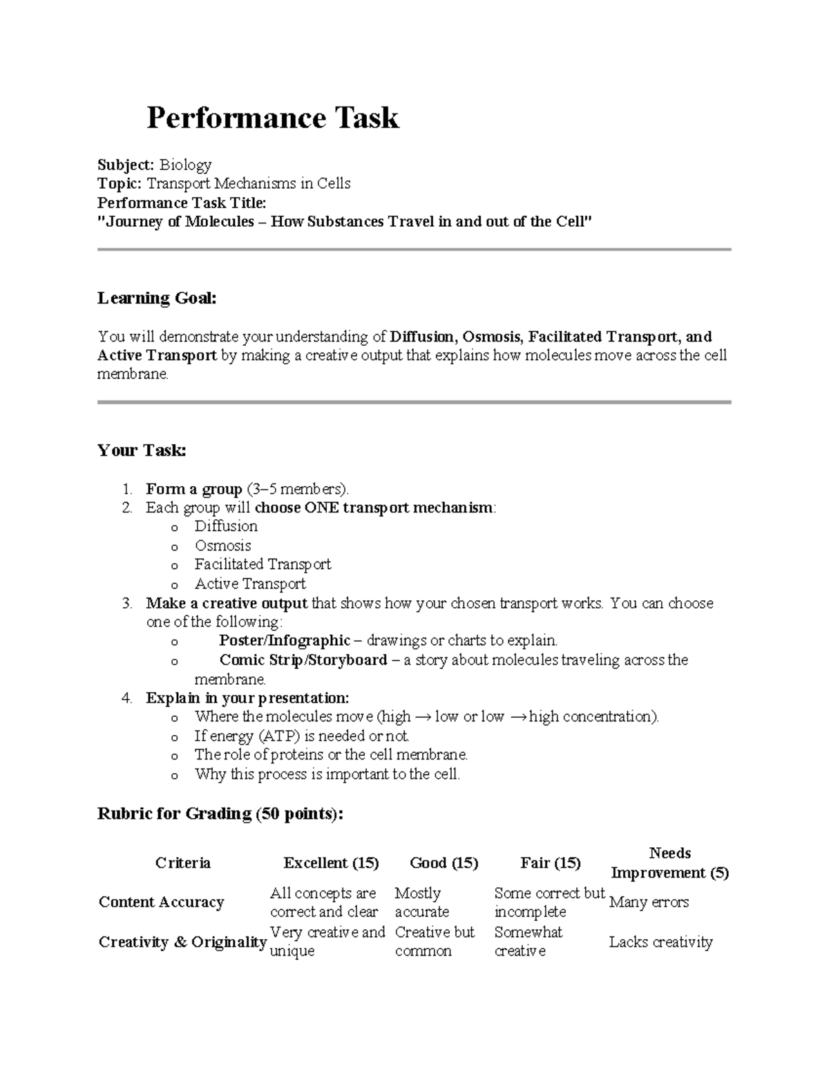Biology Performance Task: Understanding Cell Transport Mechanisms - Studocu