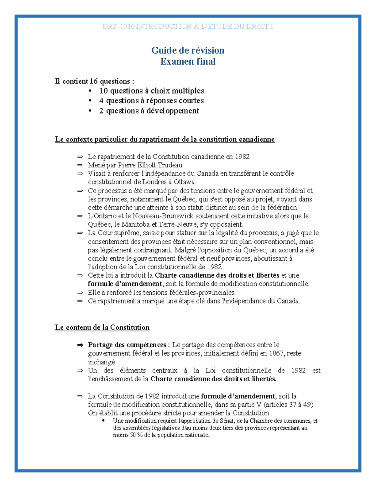 INTRODUCTION À DU DROIT I Guide de révision Examen final 2023 - Studocu