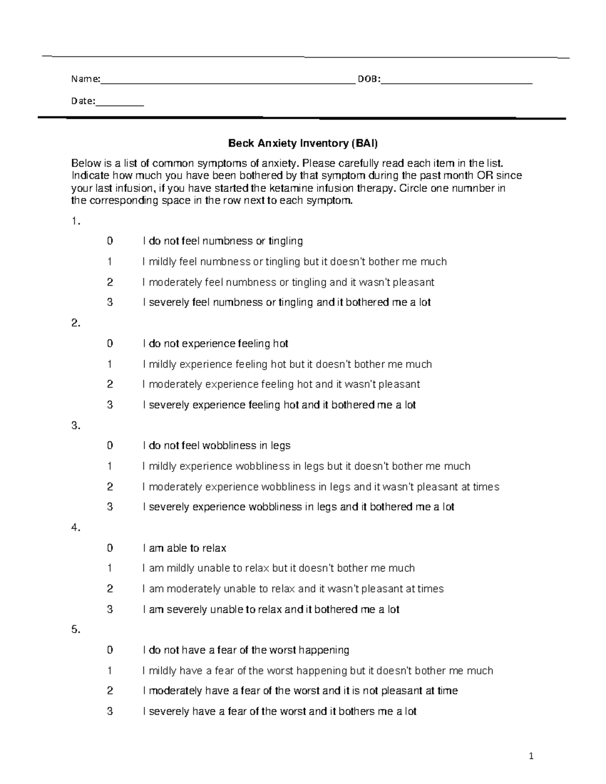 Beck Anxiety Inventory (BAI) - Symptoms Assessment Guide - Studocu