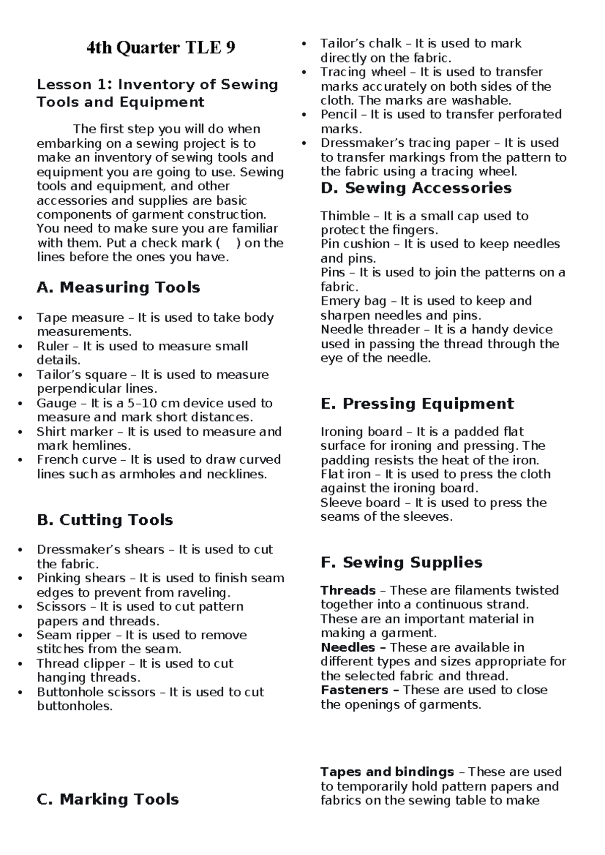4th Quarter TLE 9 Lesson 1: Sewing Tools & Equipment Inventory - Studocu