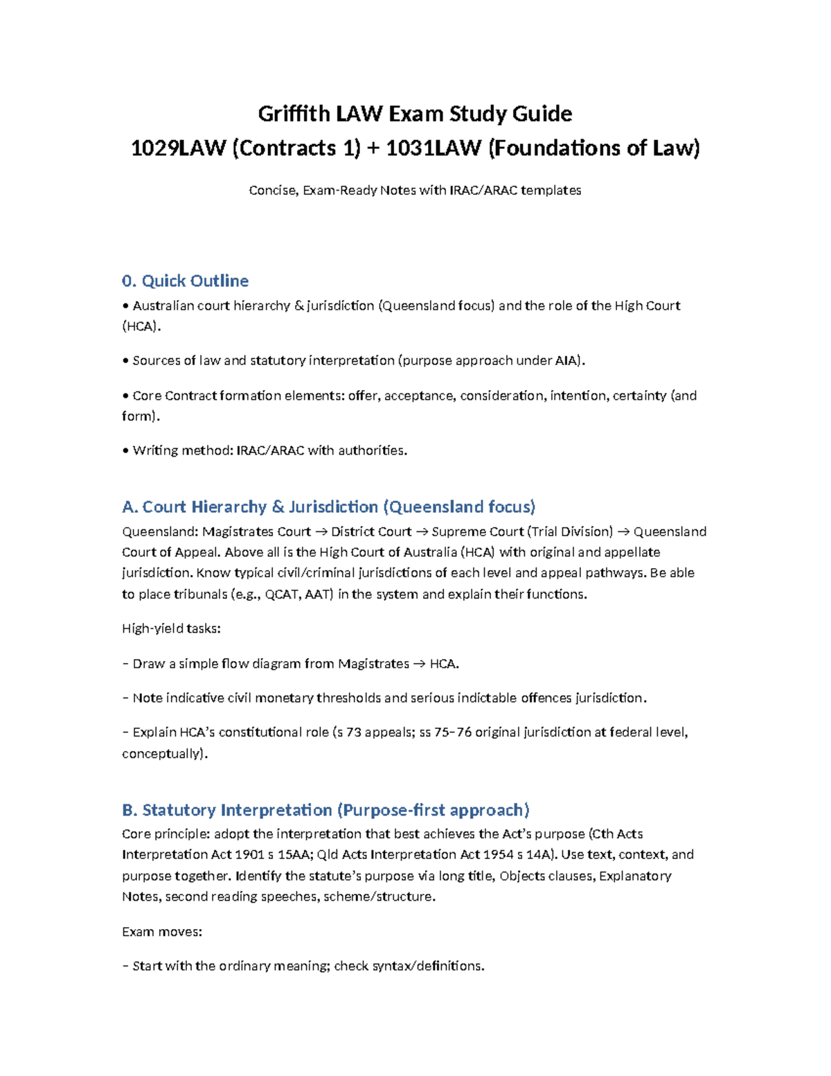 Griffith LAW Exam Study Guide: Contracts 1 & Foundations of Law 1029LAW ...