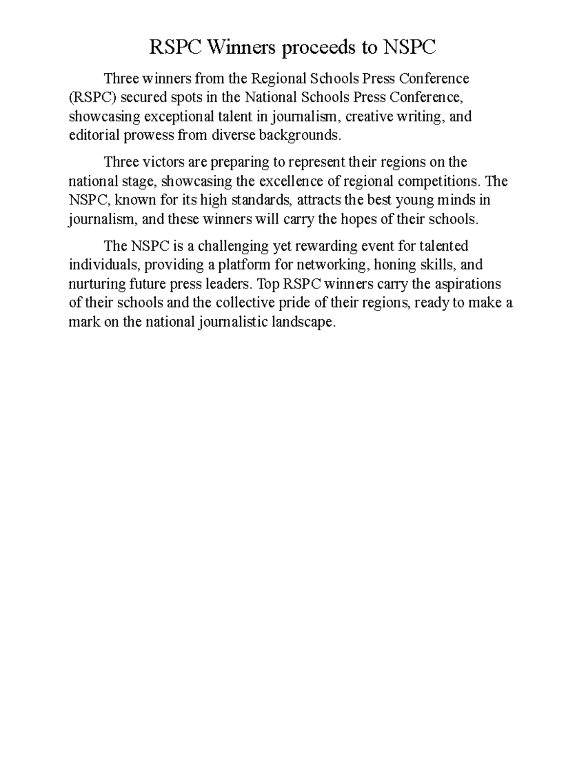 RSPC Winners: Representing Excellence at NSPC 2024 - Studocu