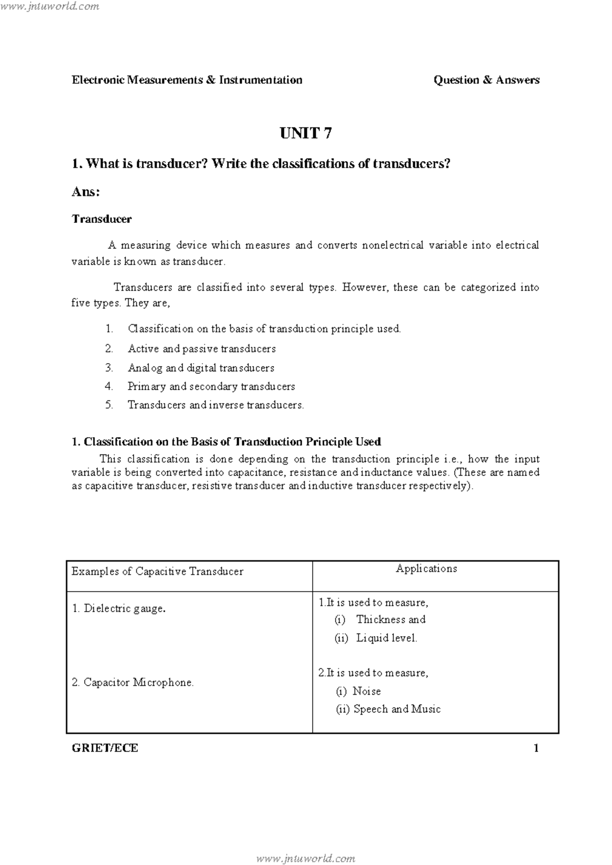 GRIET/ECE: Transducer Classifications and Applications Notes - Studocu