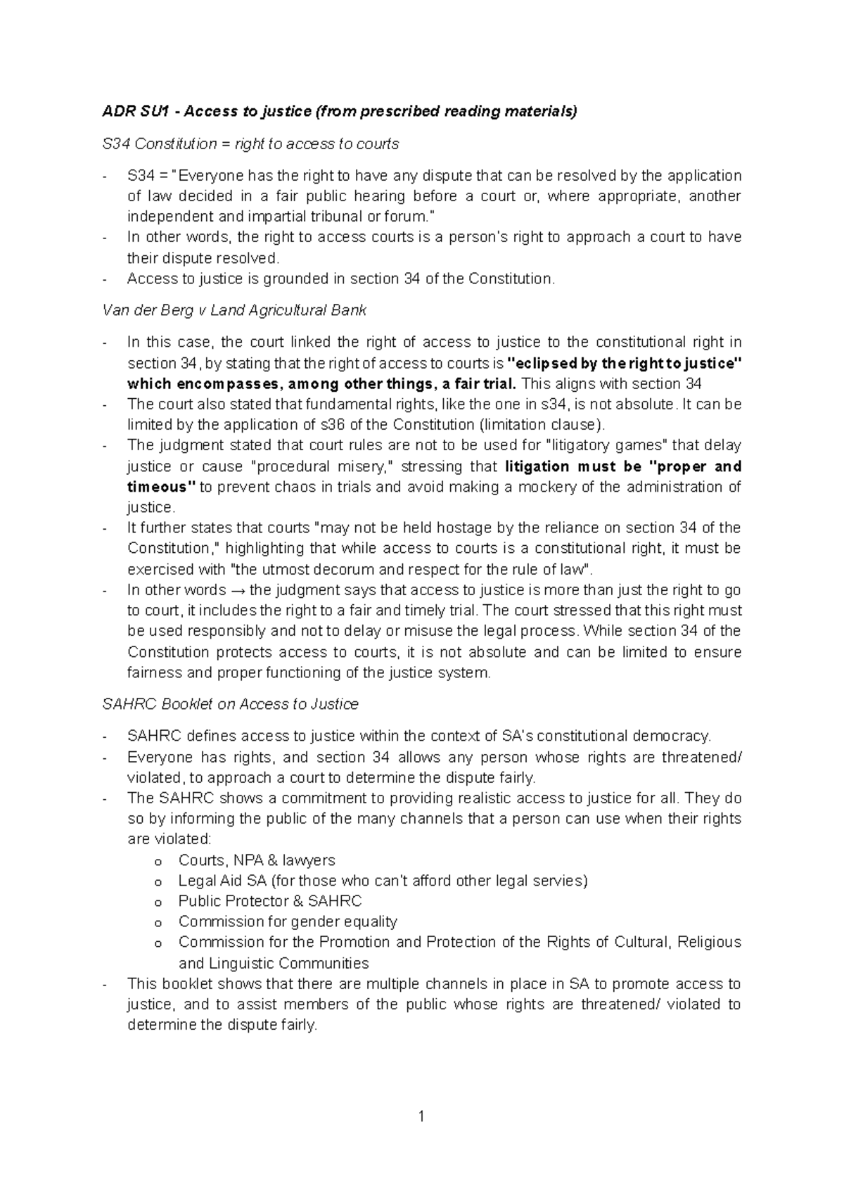 ADR SU1 Access to Justice: Understanding Section 34 of the Constitution ...