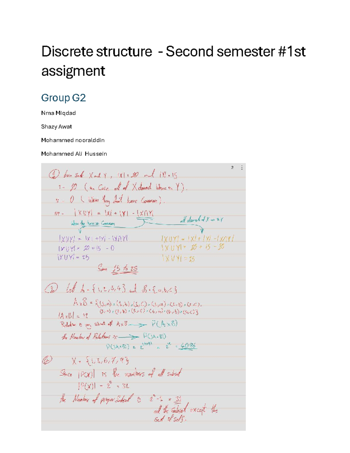 Discrete Structures Assignment 01 - Group G2 Exercises and Solutions ...