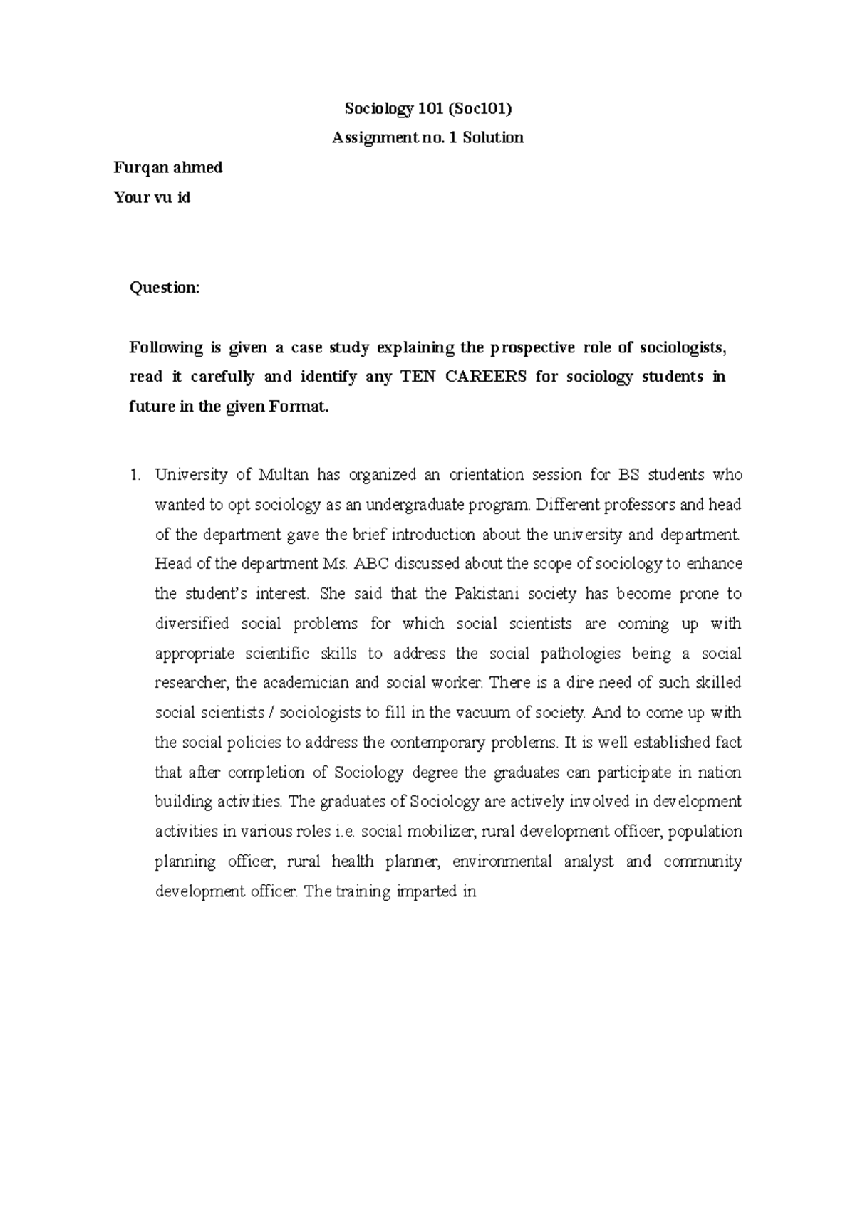 Sociology 101 - Sociology 101 (Soc101) Assignment no. 1 Solution Furqan ...