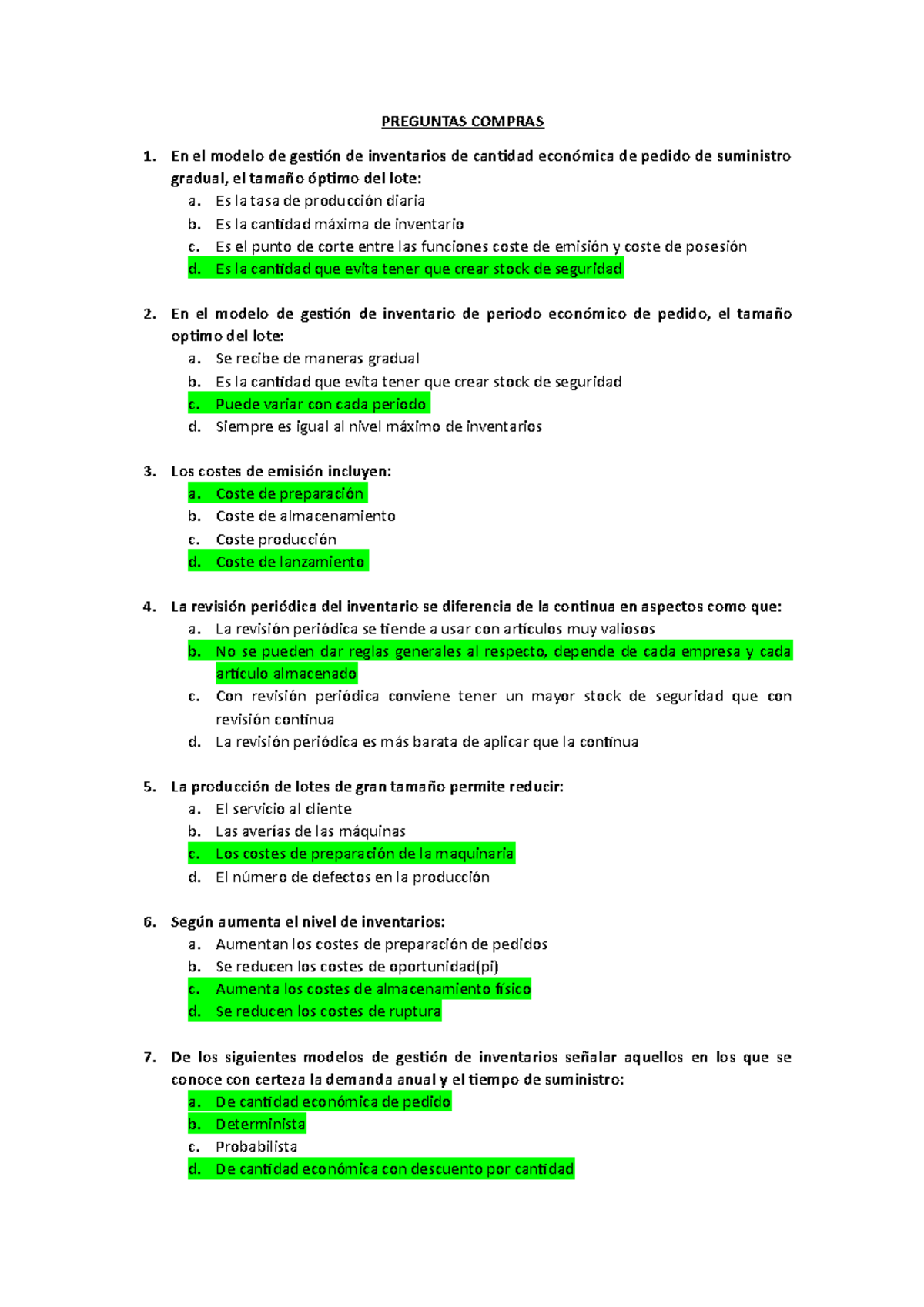 Examen - Preguntas de Compras y Gestión de Inventarios - Studocu